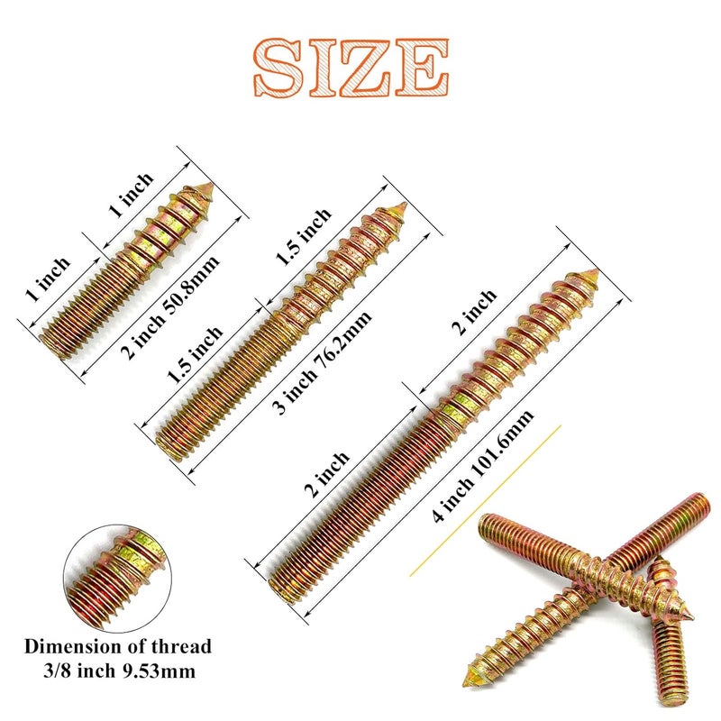 Matrelt 14Pack 3/8-16" Hanger Bolts 3Sizes 2-4 Inch Double Headed Bolts Wood Dowel Screw Self-Tapping Screw Hanger Bolts for Wood Furniture Double Threaded Rods Bolt - Image 2